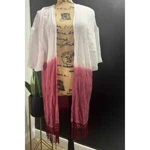 Anandas Collection Kimono Fringe Hem Cover Up Bohemian Festival Beach White Pink